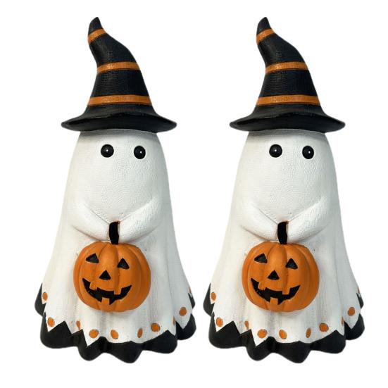 Хэллоуин Статуэтка Привидения Маленькое Белое Привидение с Тыквой Милая Фигурка Привидения из Смолы Настольное Украшение для Внутреннего/Наружного Хэллоуинского Декора