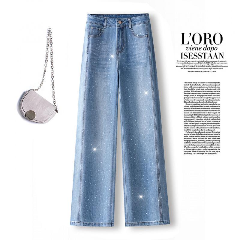 Blue hot diamond jeans women's autumn high-waisted straight pants loose and thin narrow wide-leg pants