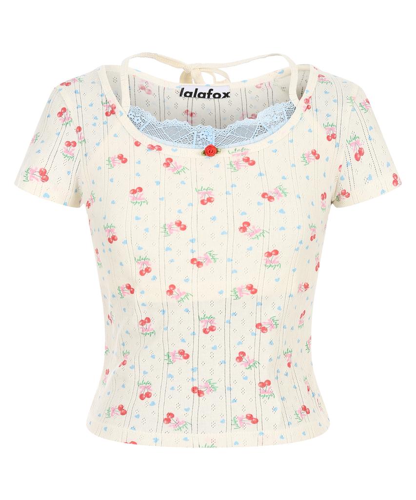 LALAFOX Cherry Pattern Lace T-Shirt Lace Short Sleeve T-Shirt Ivory Br2Ch033