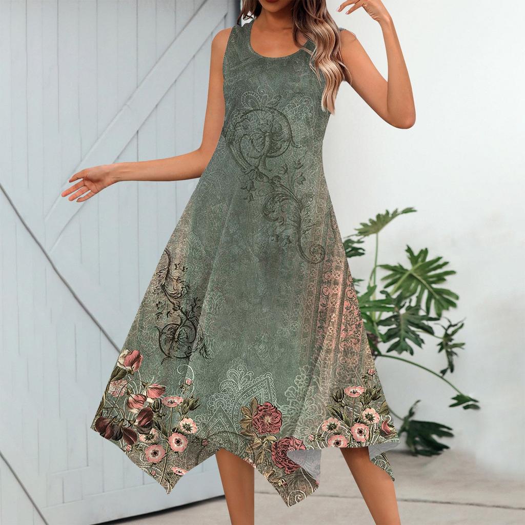 Женское повседневное модное платье миди без рукавов с круглым вырезом и нерегулярным подолом