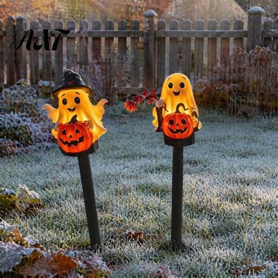 Outdoor Halloween Yard Decorations Solar Ghost Pumpkin Stake Light, LED Auto Light Sensor Garden Lamp, Waterproof Decorative Pathway Ground Lights for