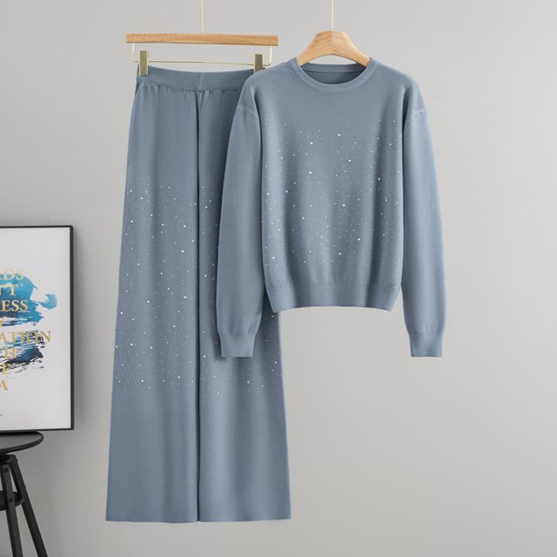 Autumn and Winter Gypsy Stars Hot Diamond Round Neck Pullover Long Sleeve Knitted Sweater Loose Knitting Two-piece Set Women