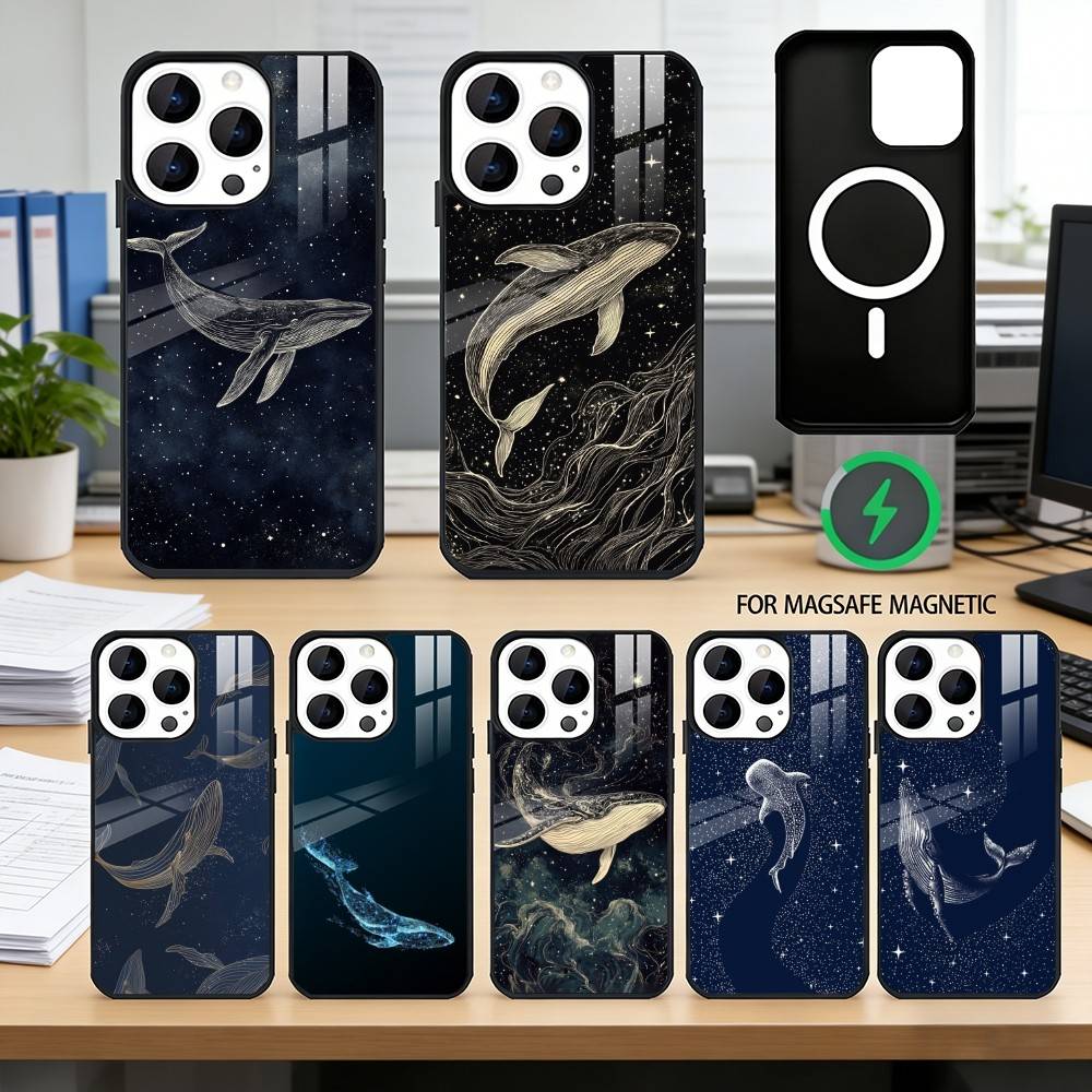Line W-Whale Phone Case For iPhone17,16,15,14,13,12,11 Plus,Pro Magnetic For Magsafe Wireless Charging