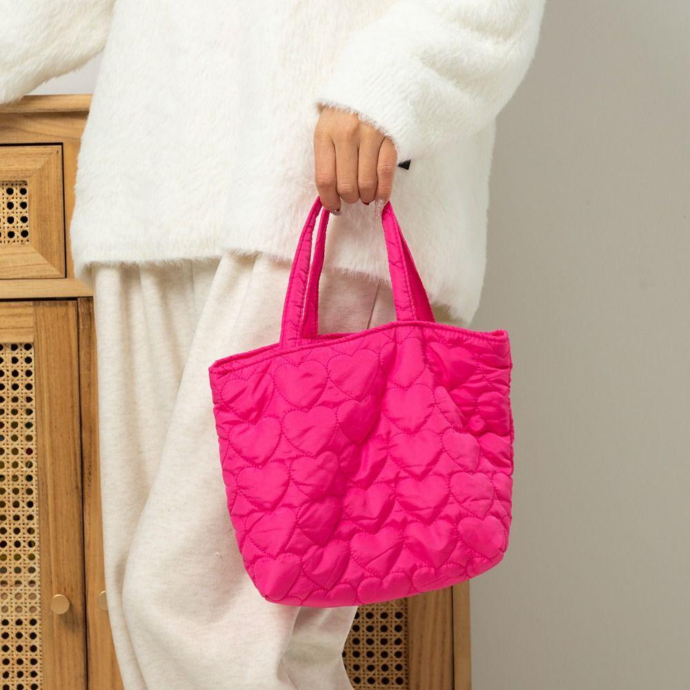 Solid Color Quilted Love Handbag Korean Lovely Lunch Bag Japanese Puffer Tote Bag  Travel