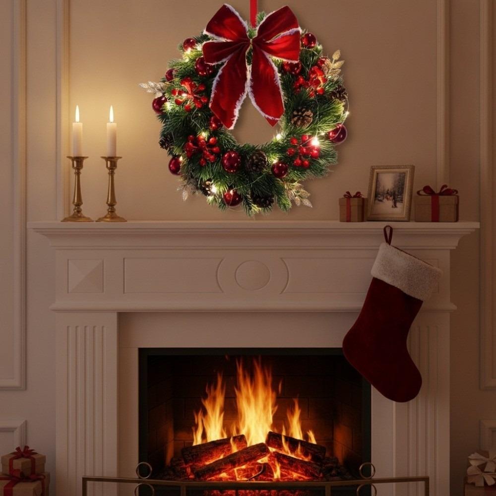 With LED Light and Bow Christmas Garland Artificial Pinecone Red Berries Xmas Door Hanging Window