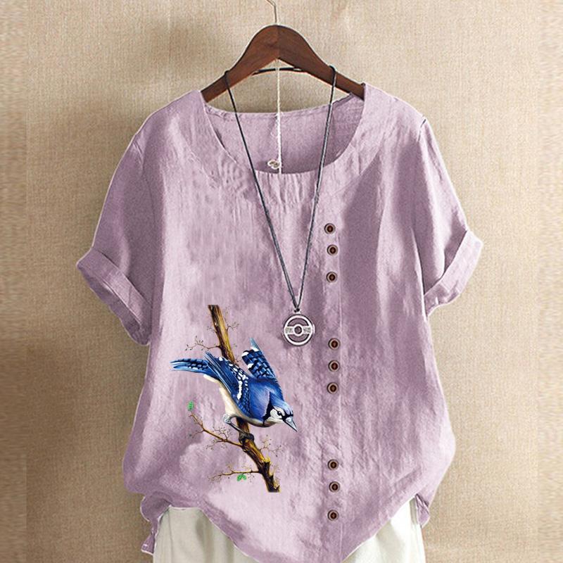 Женская мода с круглым вырезом и коротким рукавом, повседневная хлопковая льняная рубашка с рисунком, свободная летняя блузка с принтом птиц, топы больших размеров