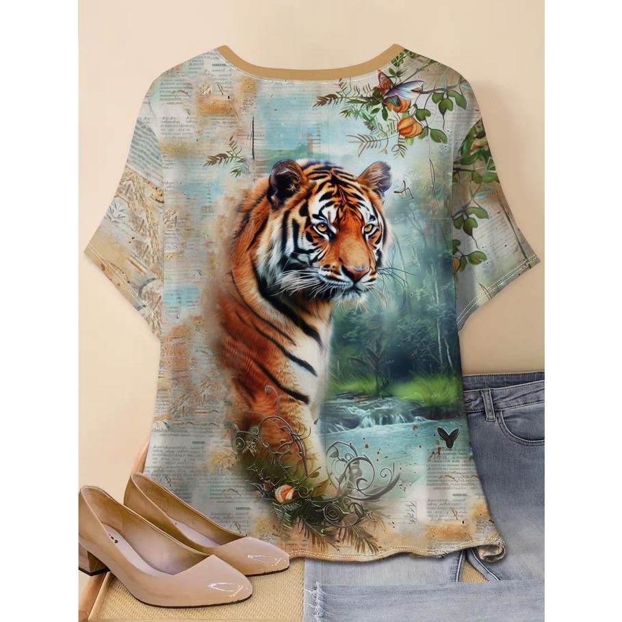 Футболки женские с коротким рукавом 3D принтованный топ праздничный анималистичный узор выходные базовая футболка с V-образным вырезом летняя