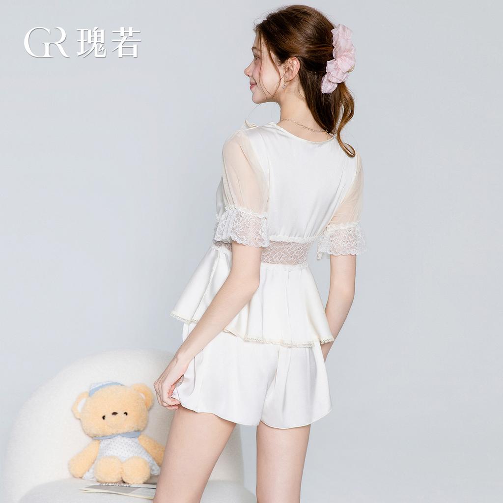 Women's Satin Mesh Lace Sheer Deep V Padded Open Front Top and Shorts Lounge Set