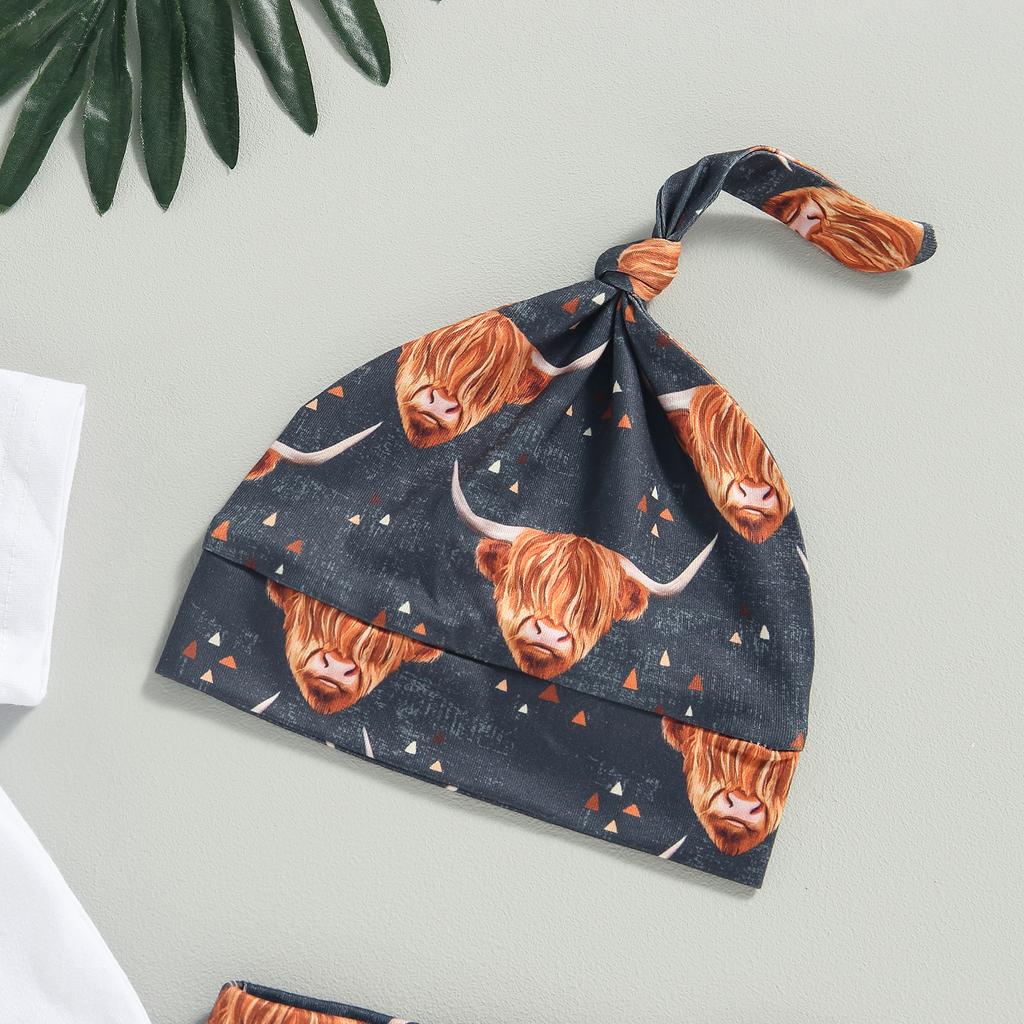 Baby Boys 3PCS Pants Sets White Short Sleeve Romper Cattle Head Print Pants Hat Sets Summer Clothes