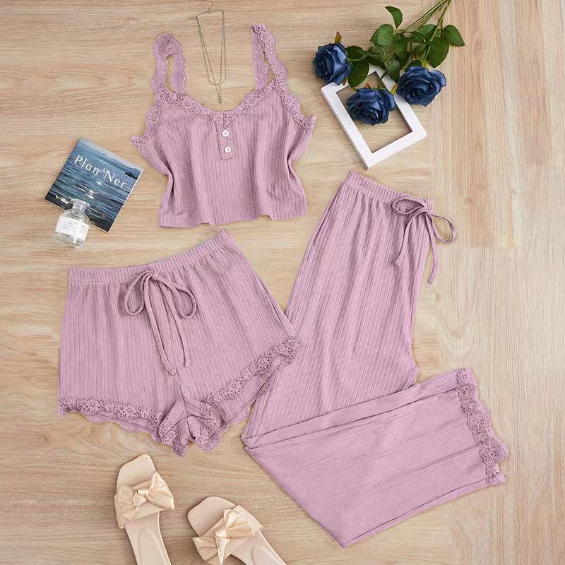 Популярный женский пижамный комплект из трех предметов с кружевной отделкой: Майка, Шорты и Длинные брюки
