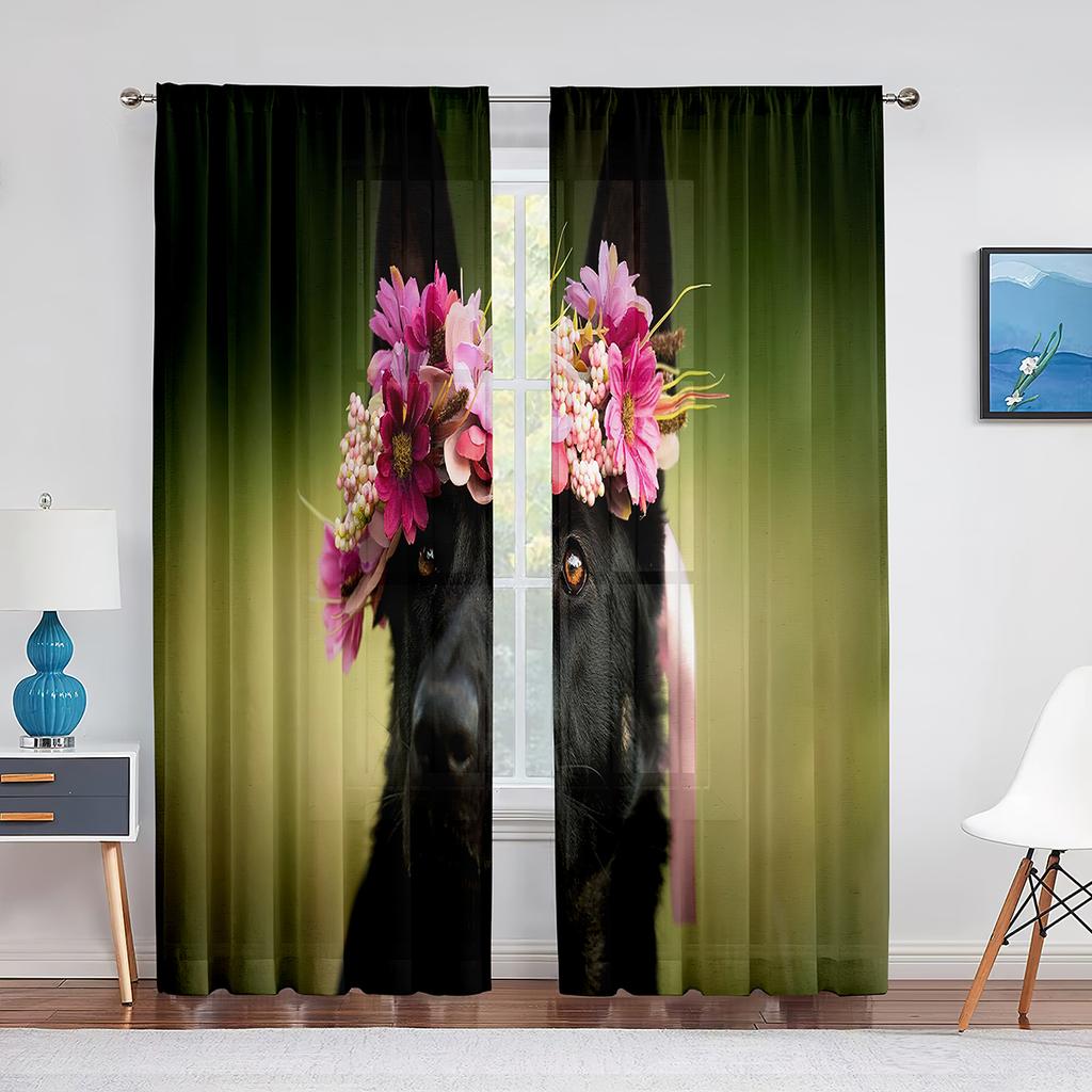 Тюлевые шторы с изображением собаки, австралийской овчарки, розовыми цветами для декора гостиной, спальни, прозрачные прозрачные занавески из вуали