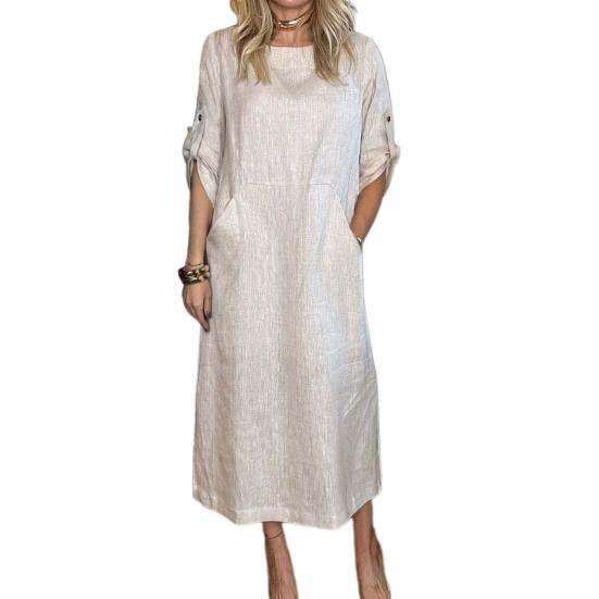 Fall Spring Women Dress Short Sleeve with Cufflink Round Neck Solid Color Loose Big Pocket Commute Daily Wear Midi Dress