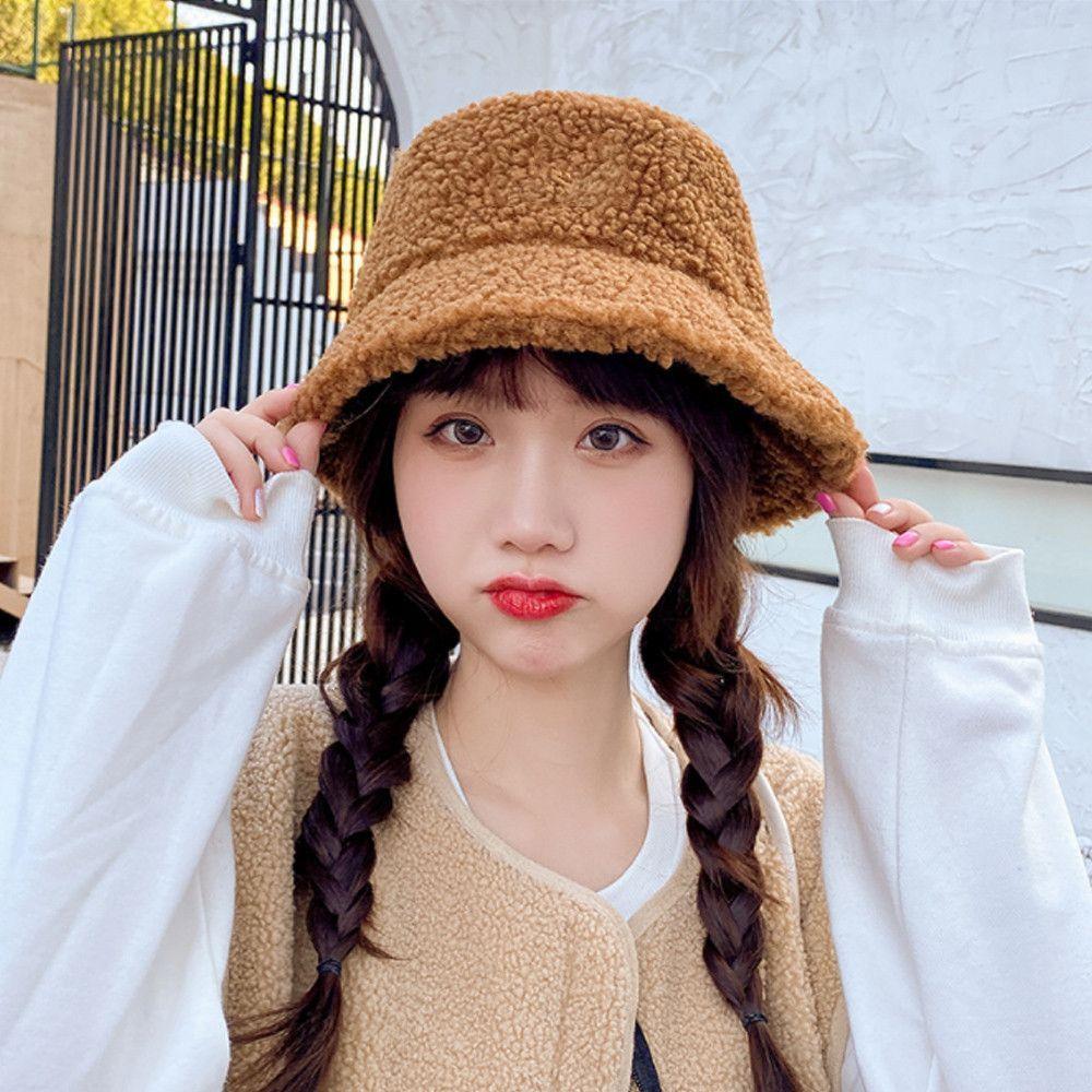 Winter Casual Lamb Wool Warm Sun Cap Panama Hat Fisherman Cap Bucket Hat