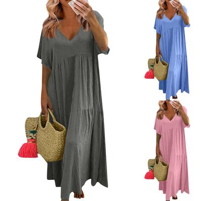 Женское летнее модное однотонное платье с v-образным вырезом большого размера, свободное длинное большое свободное платье с короткими рукавами