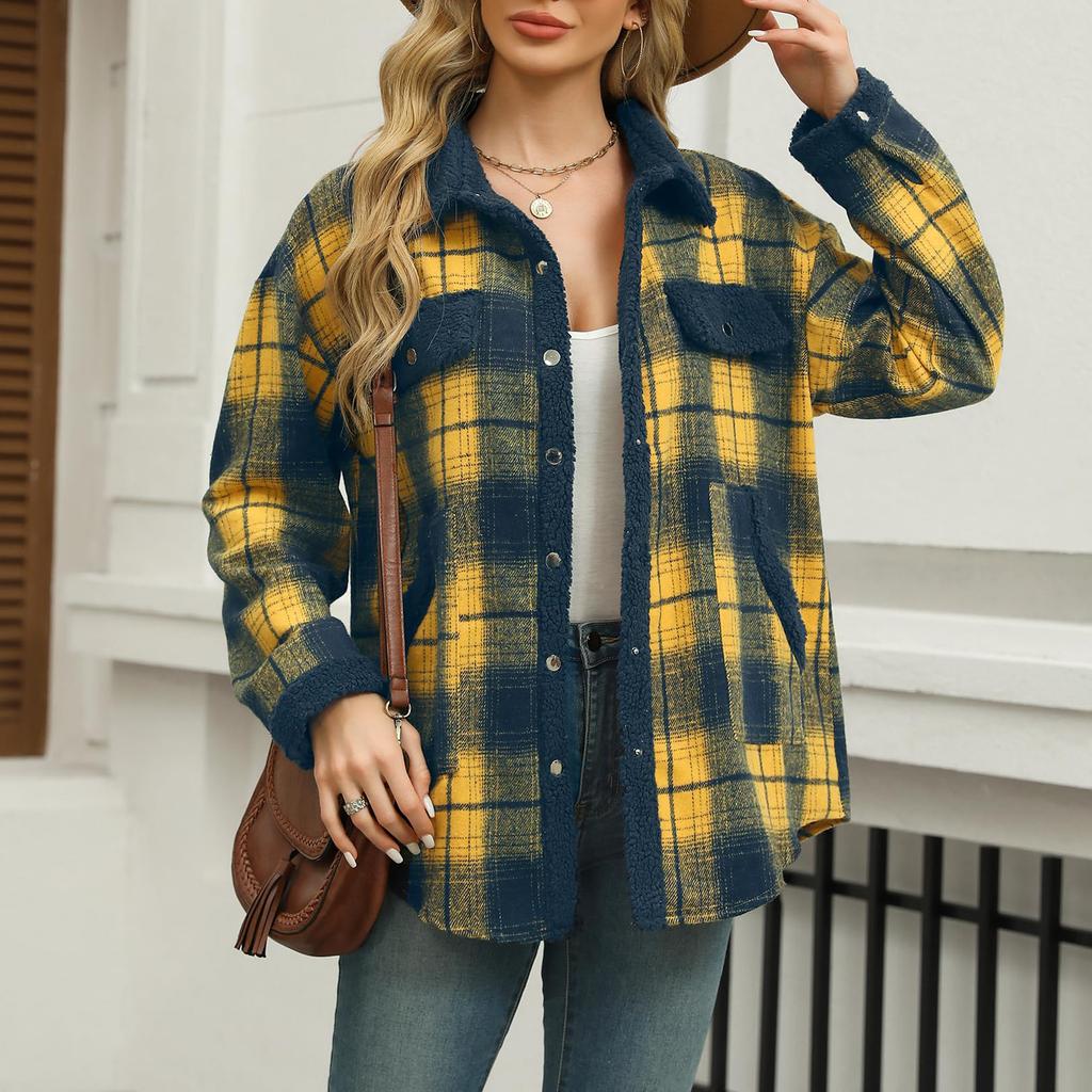 Women's Fashion Loose  Color Plaid Pocket Casual Lapel Plush Jacket Coat
