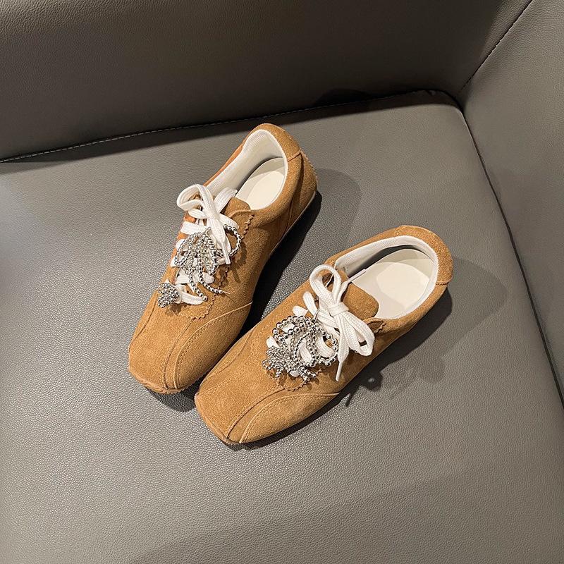 Soft Cowhide~ Genuine Leather Retro Square Head Pearl Bow German Training Shoes Women's 2025 New Casual Board Shoes Forrest Gump Shoes