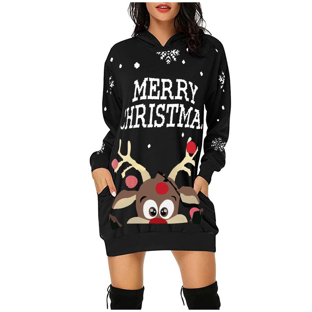 Женская толстовка средней длины с карманом и капюшоном с рождественским принтом и длинными рукавами