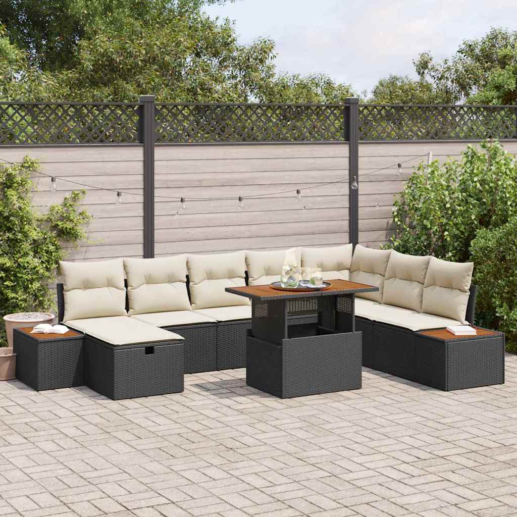 Garden Sofa Set with Cushions 9 pcs Black Poly Rattan