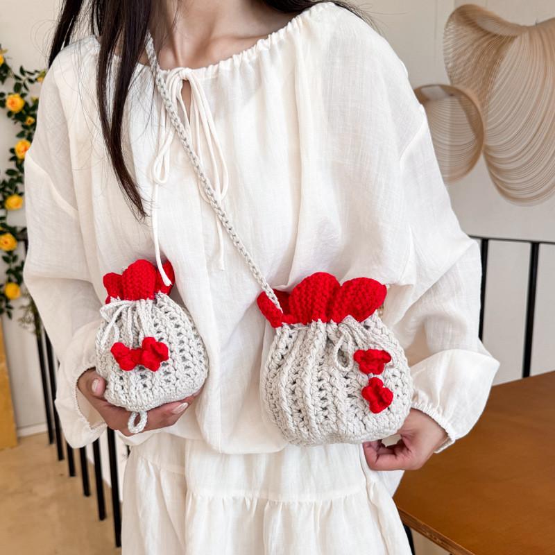 Minimally Woven Crossbody Bag With Flower Appearance And Drawstring Design For Daily Use