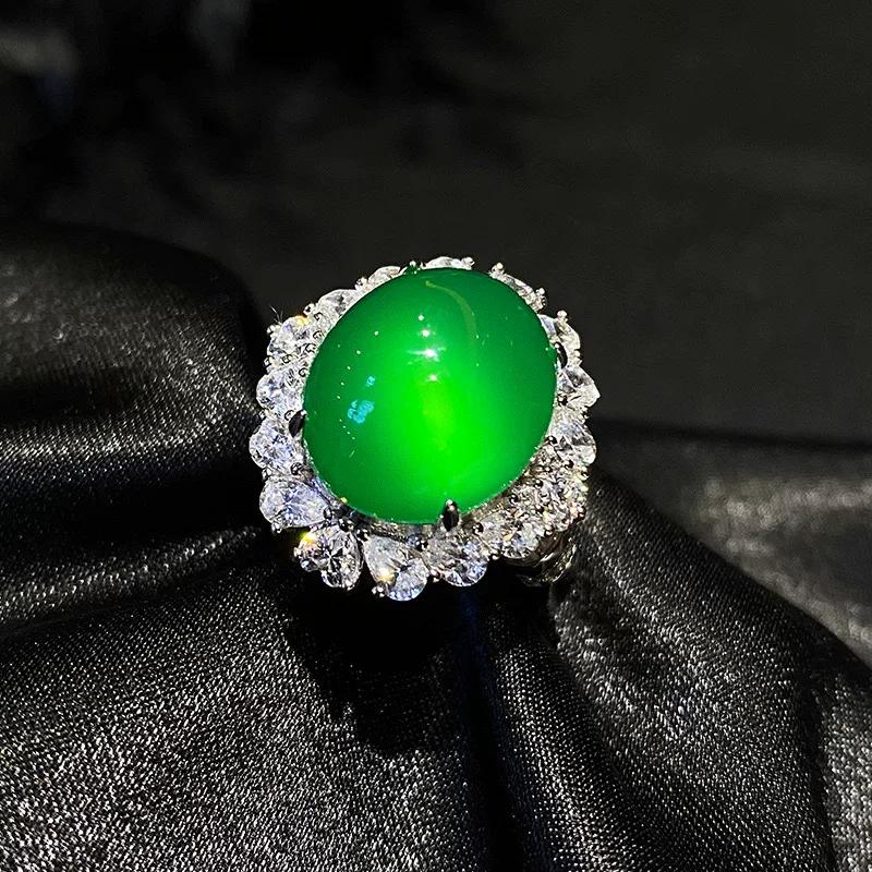 Natural ice transparent green chalcedony agate full diamond oval ring women's retro fashion temperament light luxury personality versatile ring