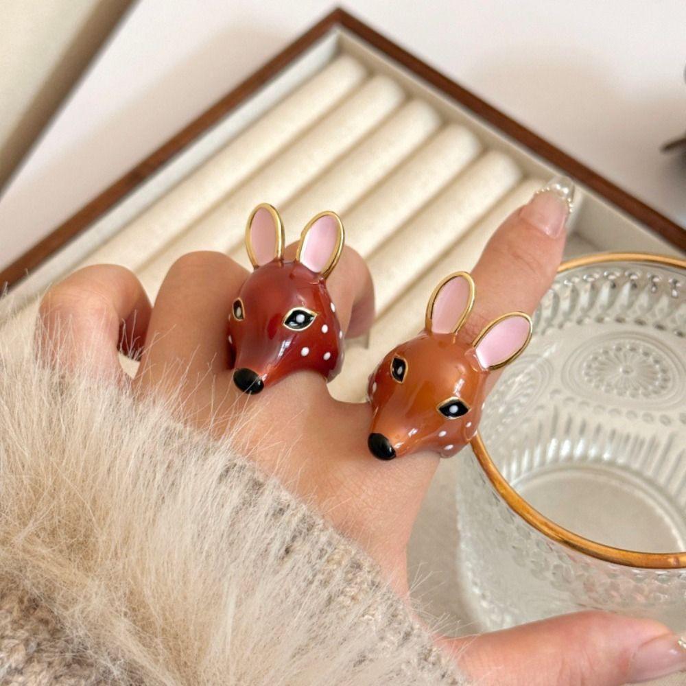 Creative Geometric Deer Drip Oil Ring Brown Opening Enamel Ring Animal Minority Design Chunky Animal Ring Decoration