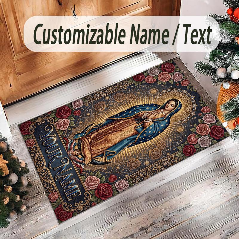 Virgin Mary Theme Crystal Velvet Rug Personalized Custom Name Text Soft Floor Mat Home Decor