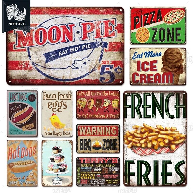 Pizza Zone Metal Poster Tin Plate Ice Cream Hot Dog Vintage Kitchen Iron Painting For Restaurant Party Home Wall Decoration