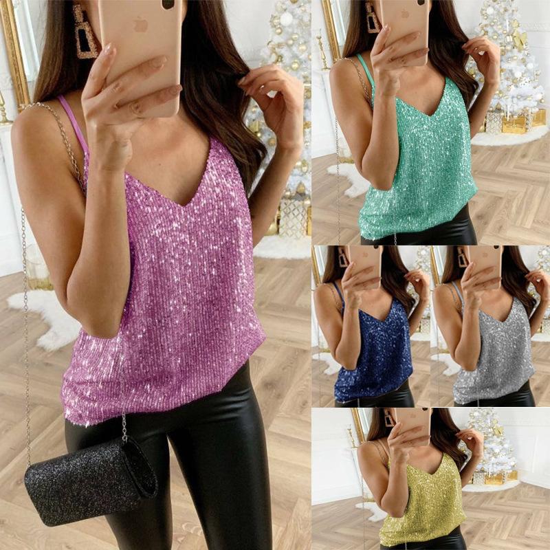 Women Plus Size Pure Sequins V Collar Sleeveless Glitter Vest Blouse Easy Top Shirt Fashion Sports Girl Blouse Tank Tops