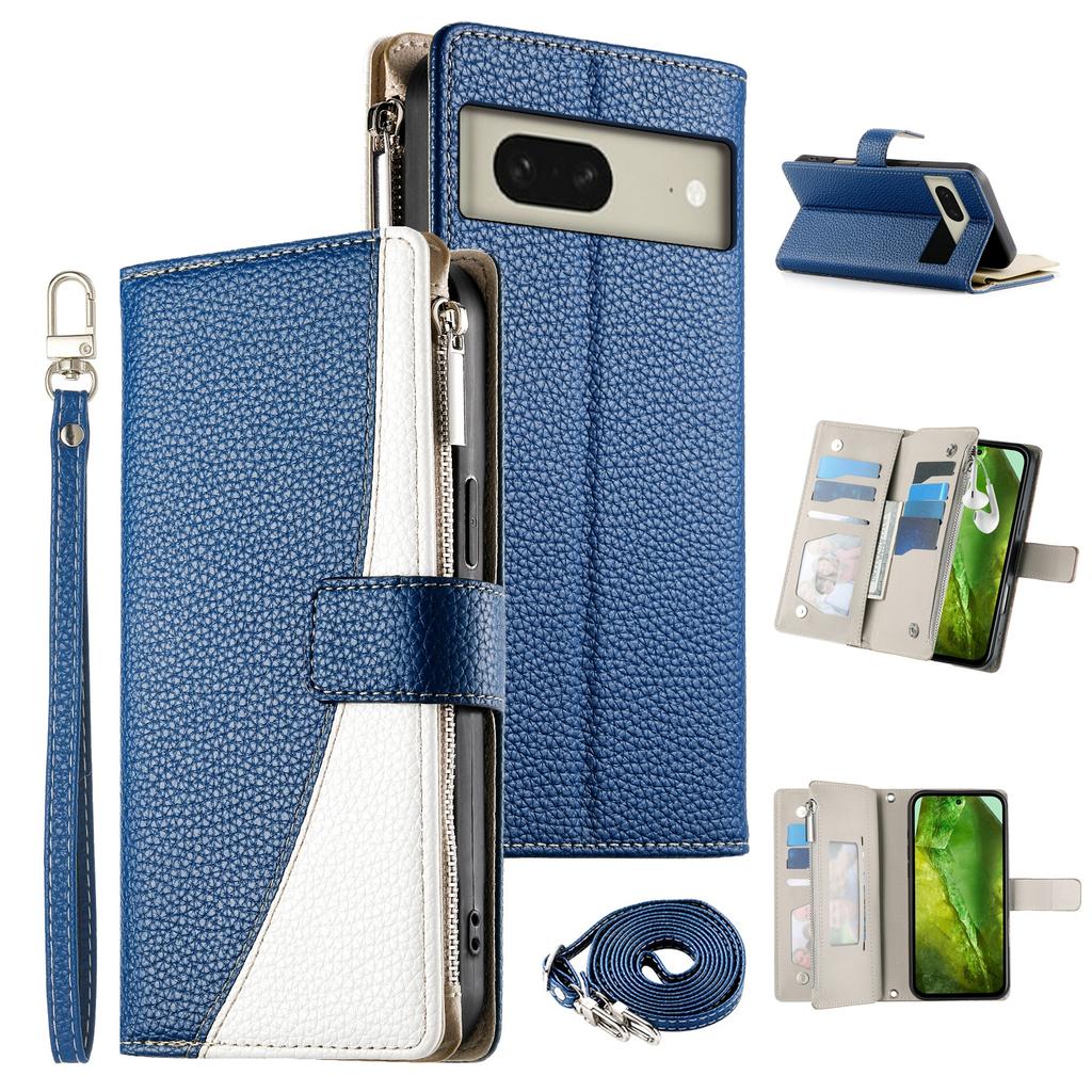 For Google Pixel 8 Case Zipper Wallet Color Splicing Leather Flip Phone Cover with Straps