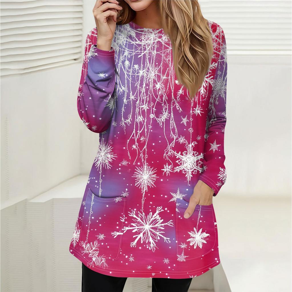 Женская толстовка, пуловер, спортивная одежда, карман, рождественский принт, повседневный топ с круглым вырезом и длинными рукавами