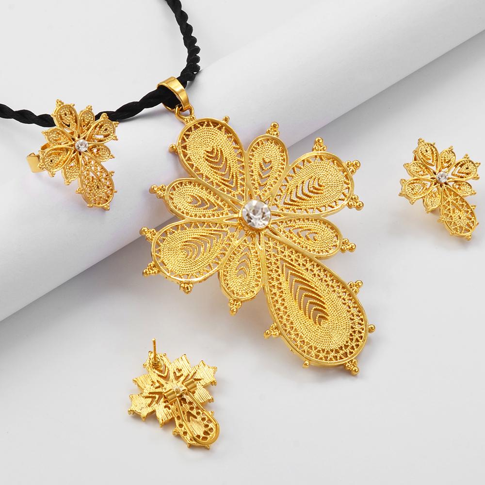 Anniyo Ethiopian Jewelry sets Cross Pendant Necklaces Earrings Rings Silver/Gold Color African Eritrean Habesha Wedding @139216