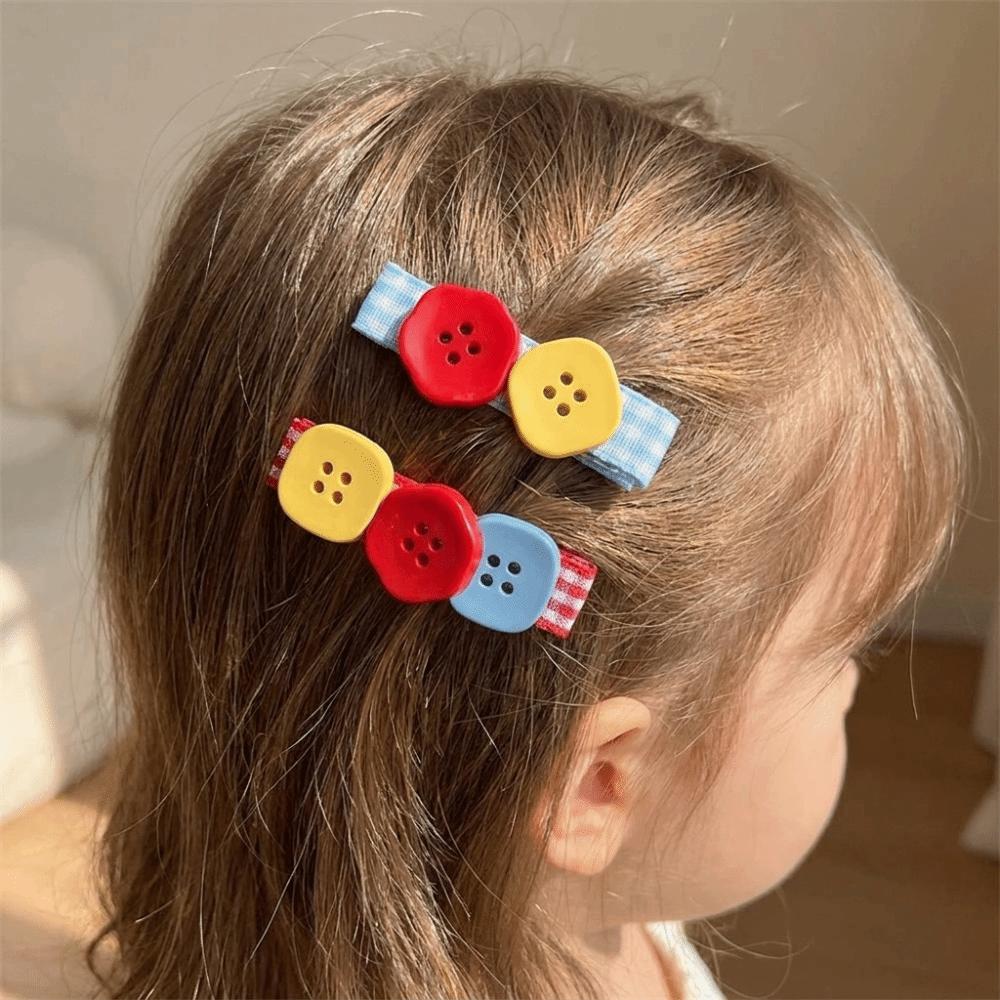 2 pcs/set Color Block Button Hair Clips Small and Cute Side Clip Vintage Bangs Clip For Girls