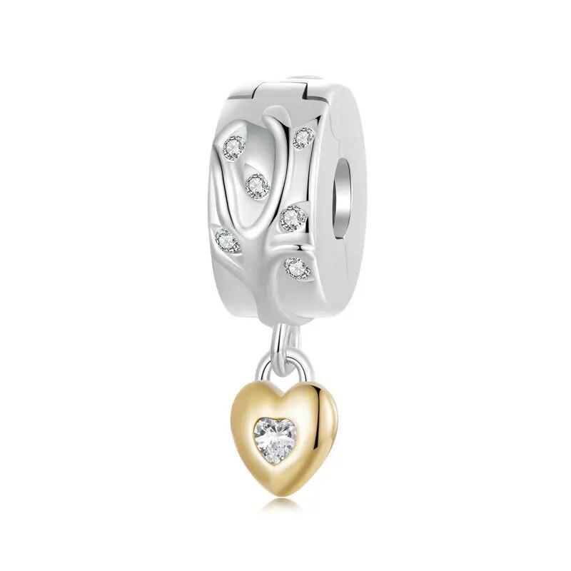 WOSTU 925 Sterling Silver Mother's Day Gold Charm Heart Wing Pendant Cross Tree Stopper Beads Fit Original Bracelet Guard Gift