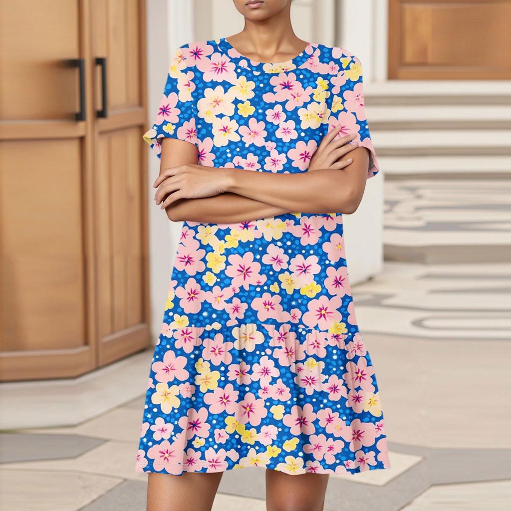 Women's Fashion Casual Round Neck Short Sleeve Leaf Floral Print Dress