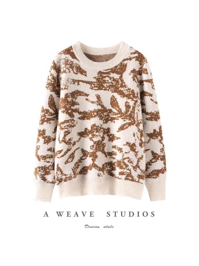 2025 Luxury Cashmere Ink Painting Women's Wool Pullover: Round Neck, Long Sleeve, Loose Fit for Autumn/Winter