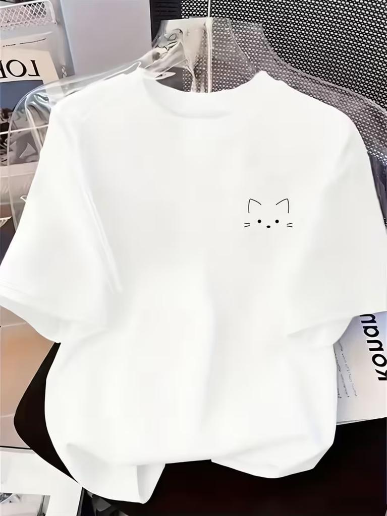 Minimalist Chest Small Logo Cat Easy Line Drawing Harajuku T-Shirt Skin Friendly Breathable Knit Short Sleeve Loose Basic