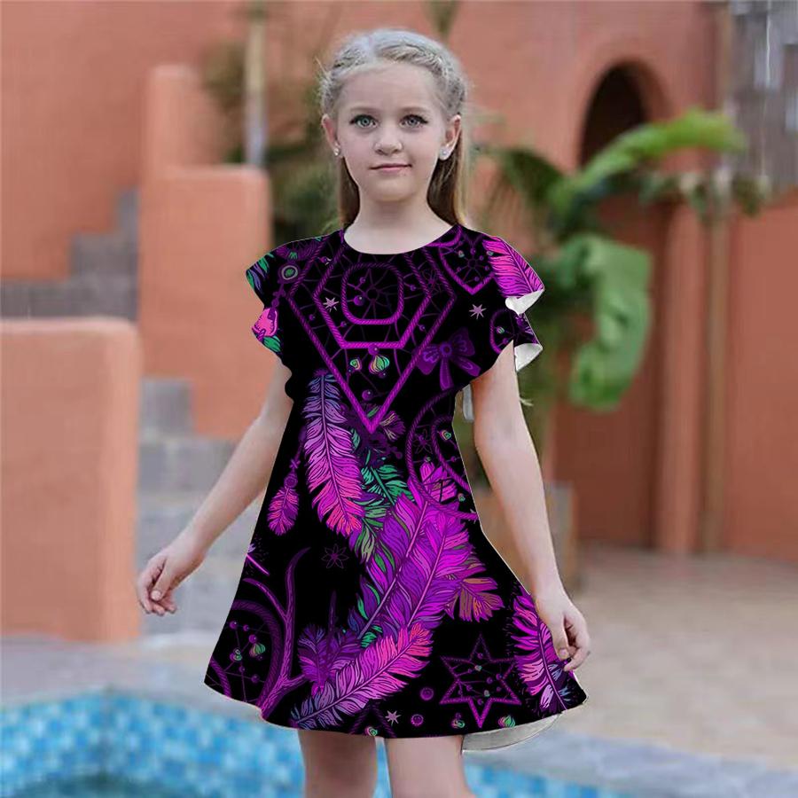 Girls Blue Shiny Feather Print Dresses Kids Girl Party Dress Loose Fitting Loose Fitting Short Sleeved Skirt For Girls Over Four Years Old