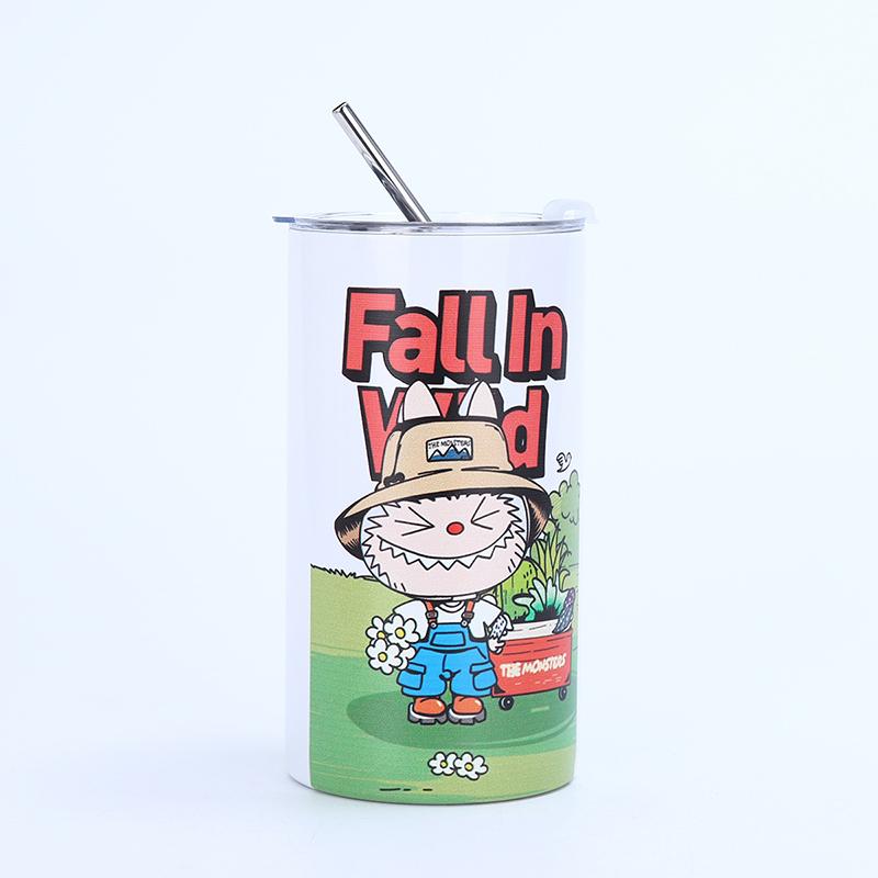 Мультяшный узор Лабубу из нержавеющей стали, изолированная чашка, простая кофейная чашка с соломой