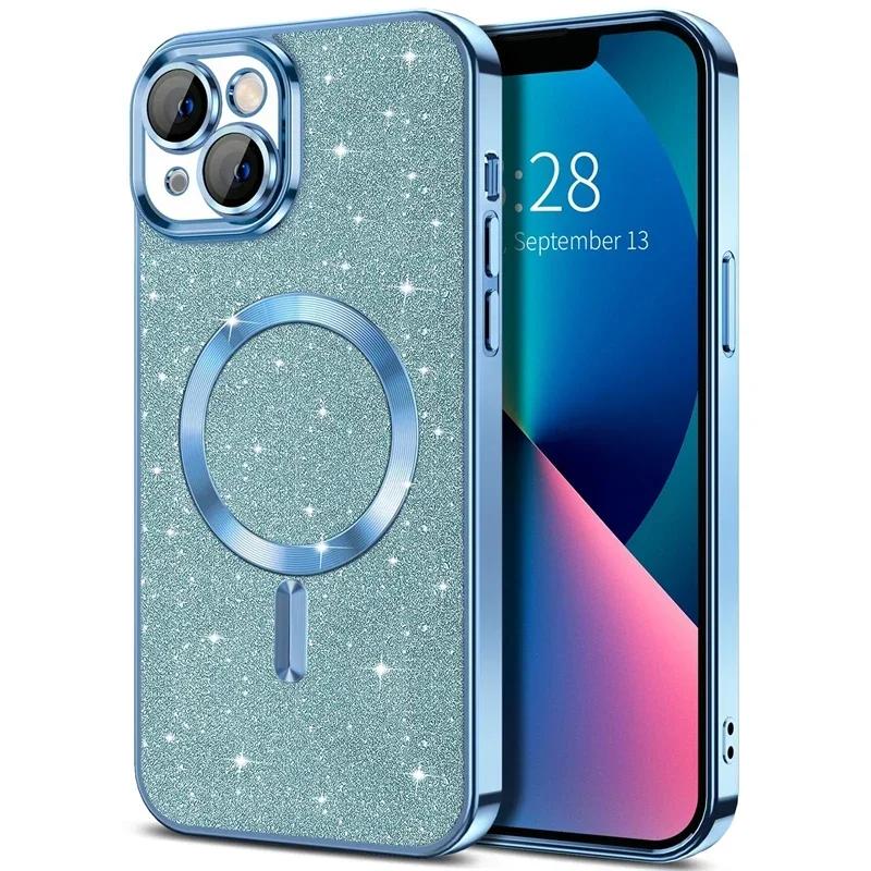 Electroplate Glitter Case For For Iphone 16 15 14 13 12 11 Pro Max Plus For Magsafe Wireless Charge Bumper Cover With Lens Protector