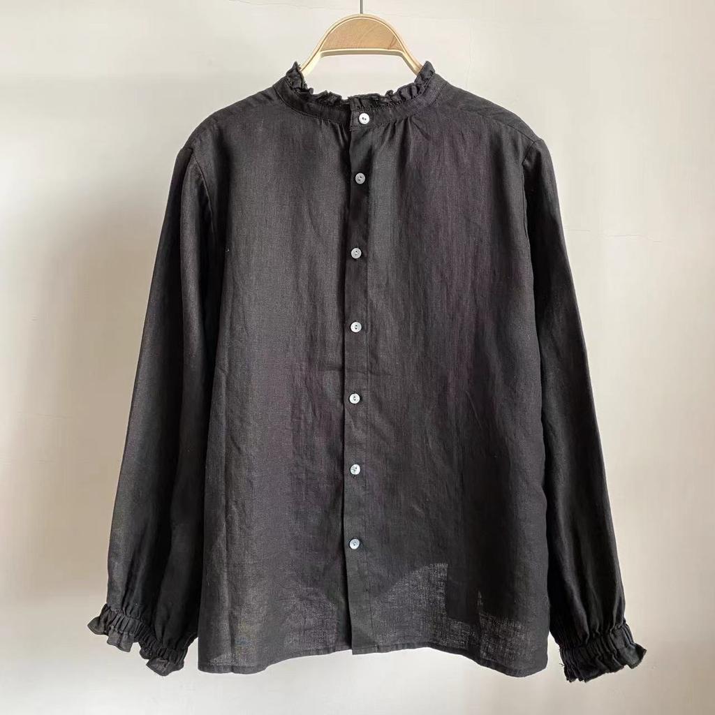 Johnature Винтажные топы, весенне-летние однотонные женские рубашки с оборками и воротником, повседневные свободные женские рубашки на пуговицах