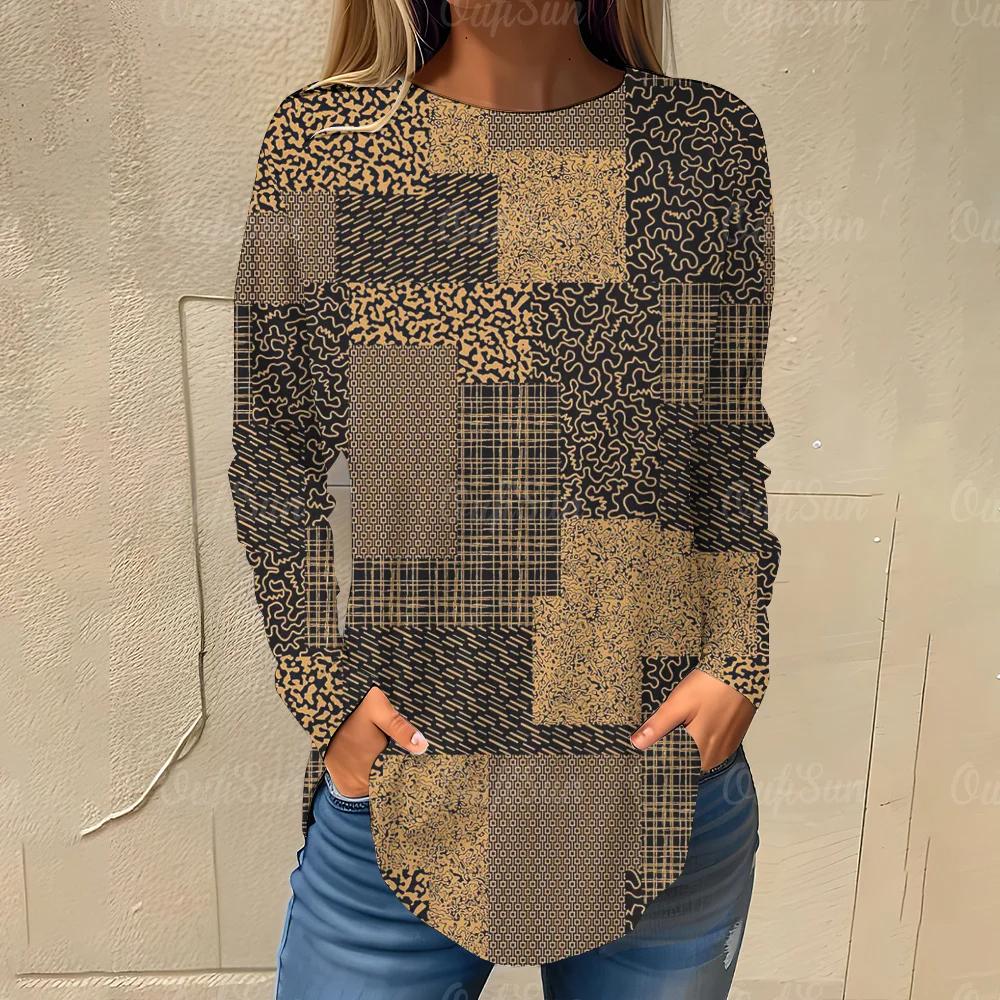 Irregular Color Blocks Pattern Print Women's T-shirts Autumn Casual Cotton Long Sleeves Tees Tops Female Clothing Streetwear