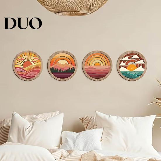 Unique Studio Wall Decorations 4Pcs Boho Sunset Art, Abstract Landscape Round Hanging Ornaments, Natural Scenery Ornaments Wooden Decor for