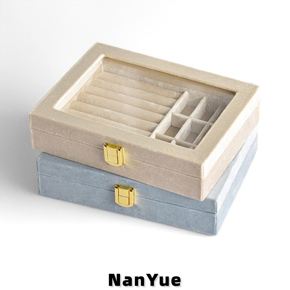 Rectangle Luxury Velvet Jewelry Box Clear Acrylic Top Multi Compartment Ring Earrings Necklace Jewelry Organizer Box Custom Logo