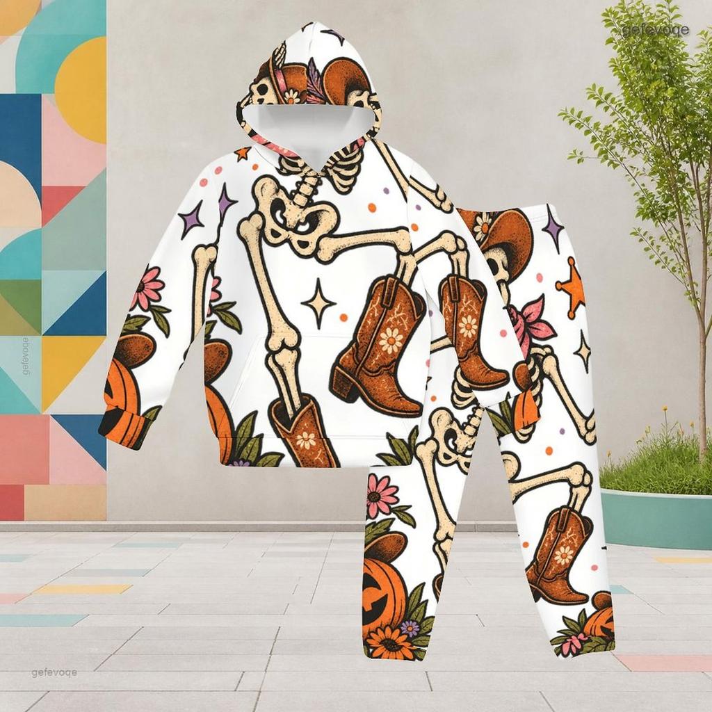 Girls Halloween Printed Hooded Long Sleeve Kangaroo Pocket Top Cuffed Pants Two Piece Set