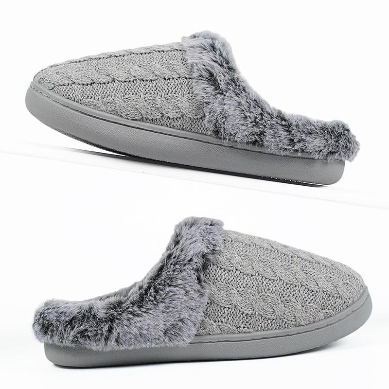 Fashion Comfort Knitted Cotton Slippers for Women Faux Fur Warm Home Plush Slippers Woman Winter Light Non Slip Cotton Slides Female