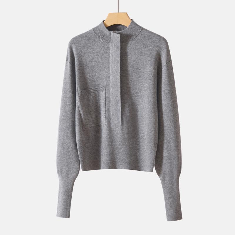 Worsted Wool Jacket Head Round Pocket Half Zipper Lazy Knitted Loose Long-Sleeved Wool Jacket Fashionable Foreign Style