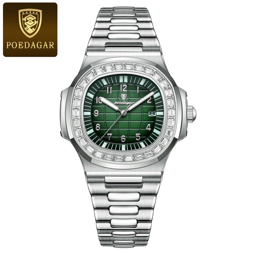 POEDAGAR Luxury Square Man Wristwatch Diamond Dial Luminous Waterproof Date Men Watch Stainless Steel Men's Quartz Watches Casual Male Clock