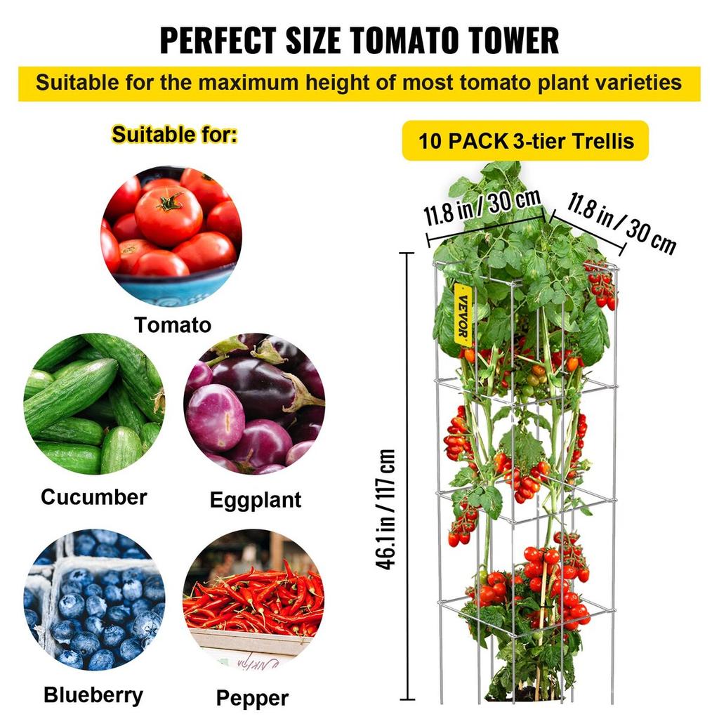 Tomato Cages, 11.8" x 11.8" x 46.1", 10 Packs Square Plant Support Cages, Silver PVC-Coated Steel Tomato Towers for Climbing Vegetables, Plants,