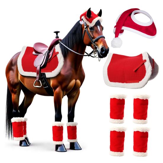 1/4/7Pcs Horse Christmas Costumes Red Santa Hat Horse Saddle Pad Leg Wraps Decoration Accessories