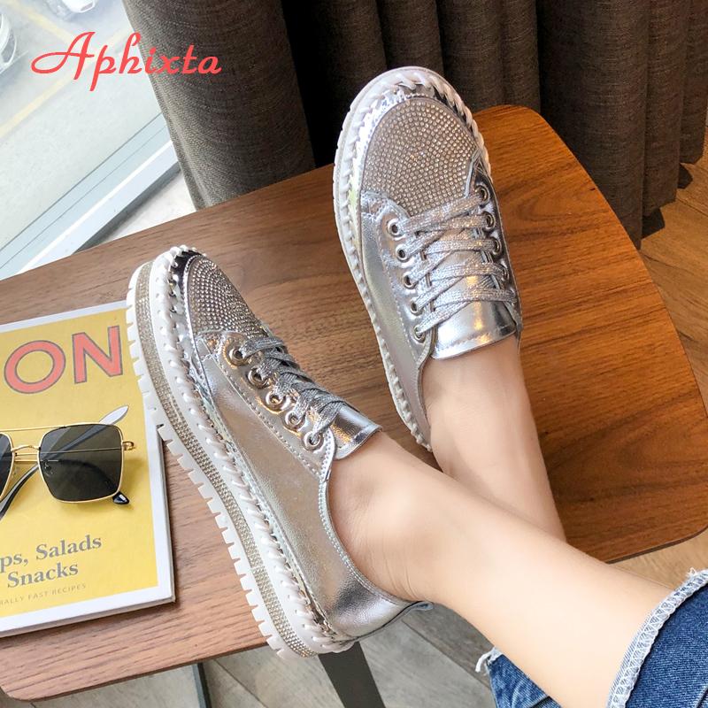 Fashion Aphixta Loafers Shoes Women Luxury Silver Crystal Lace-up Platform Shoes Woman Sequined Cloth Bling Crysta Black Flat Heels Shoe